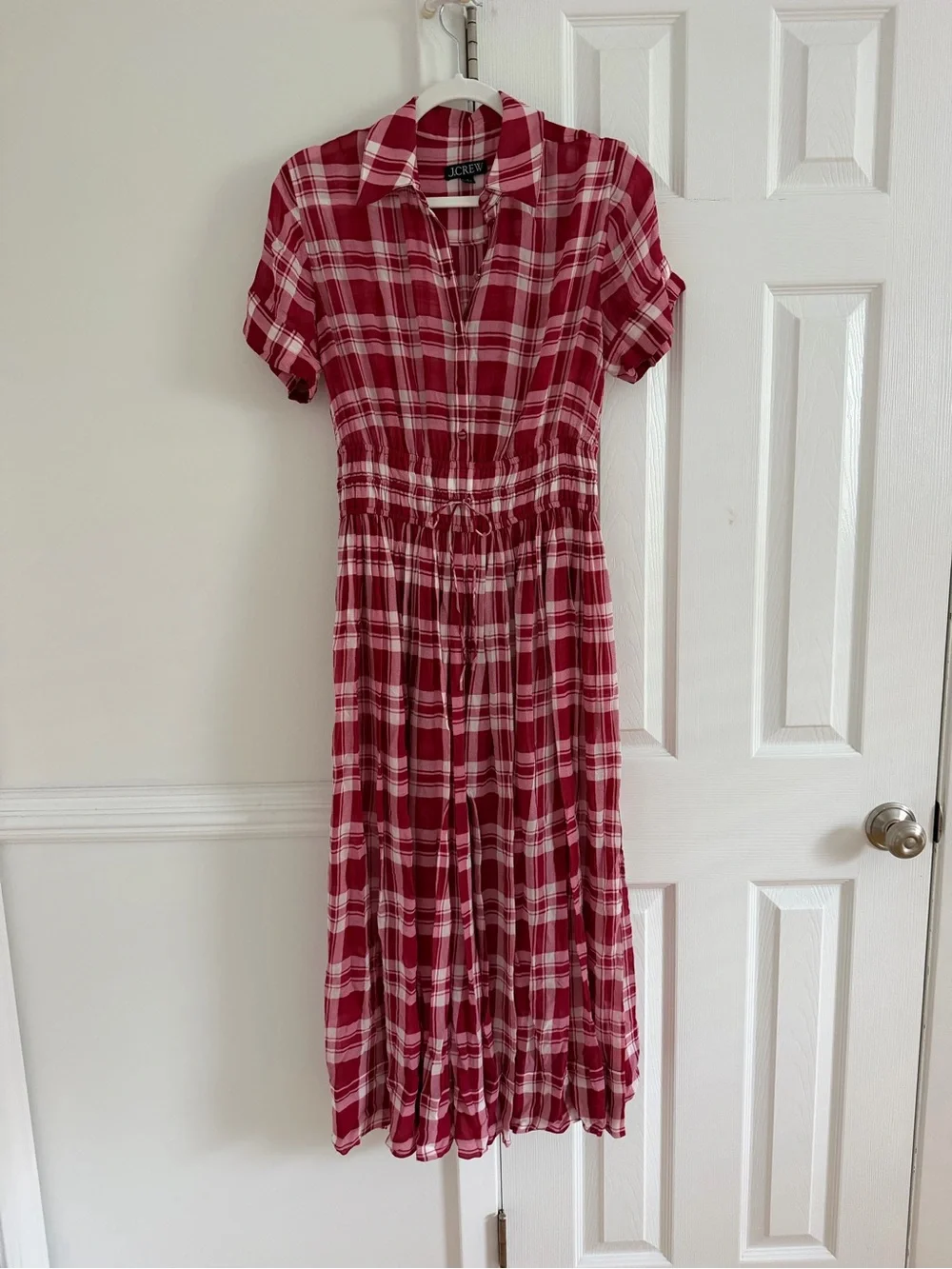 J. Crew Elena shirt-dress in plaid viscose chiffon red fall picnic cottage
